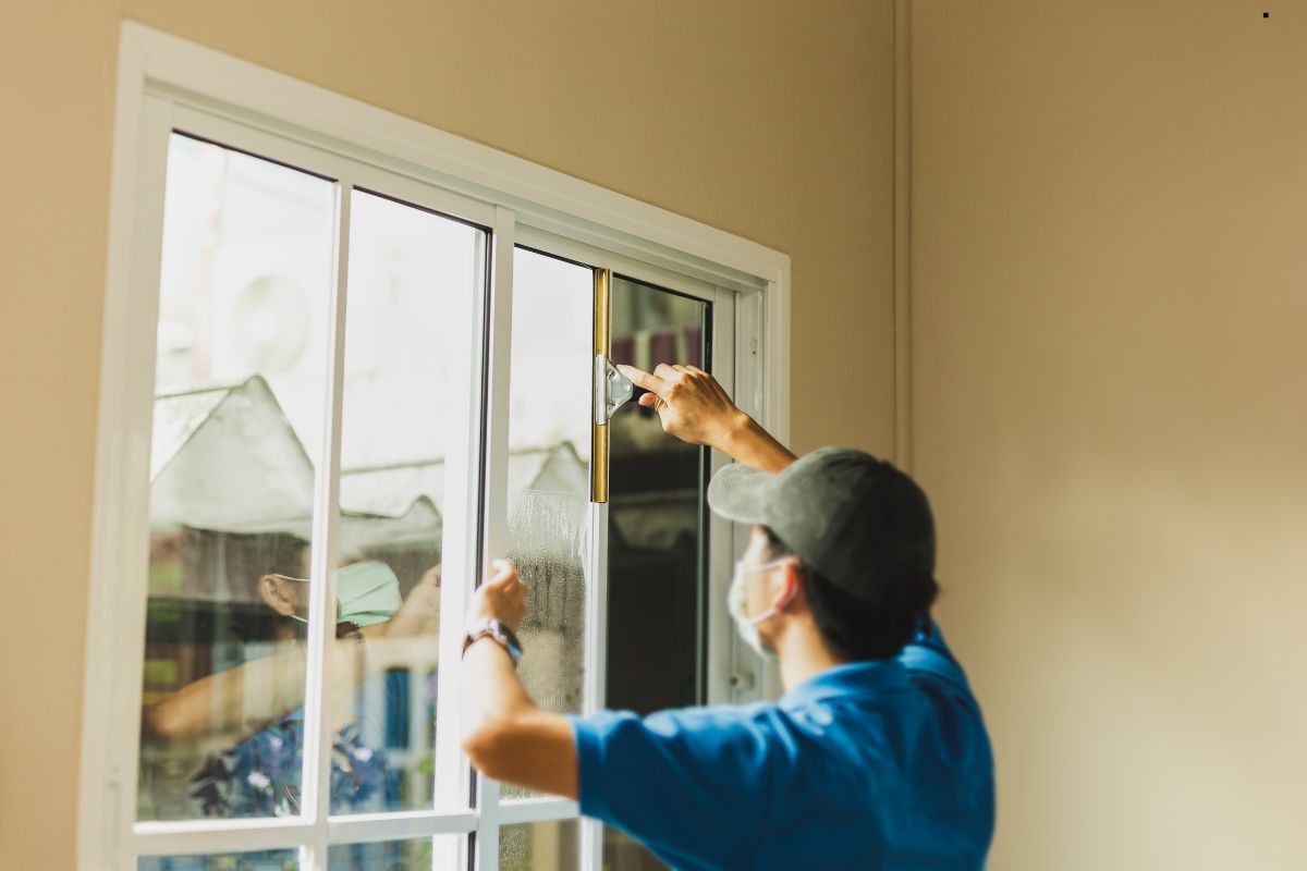 A man in a blue shirt and cap cleans a window with a squeegee, wearing a mask in a well-lit indoor setting.