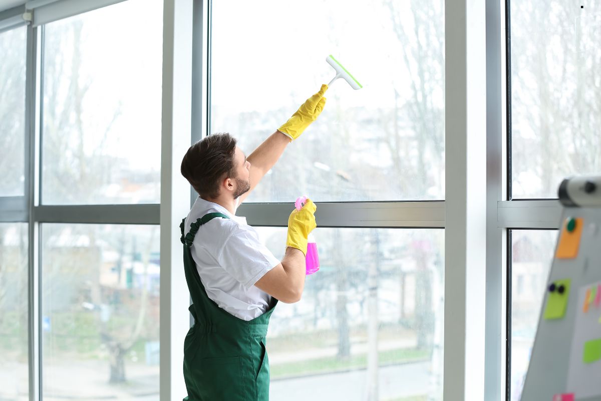 A worker in yellow gloves clean windows with a squeegee and spray bottle in a bright, modern space with large glass windows.