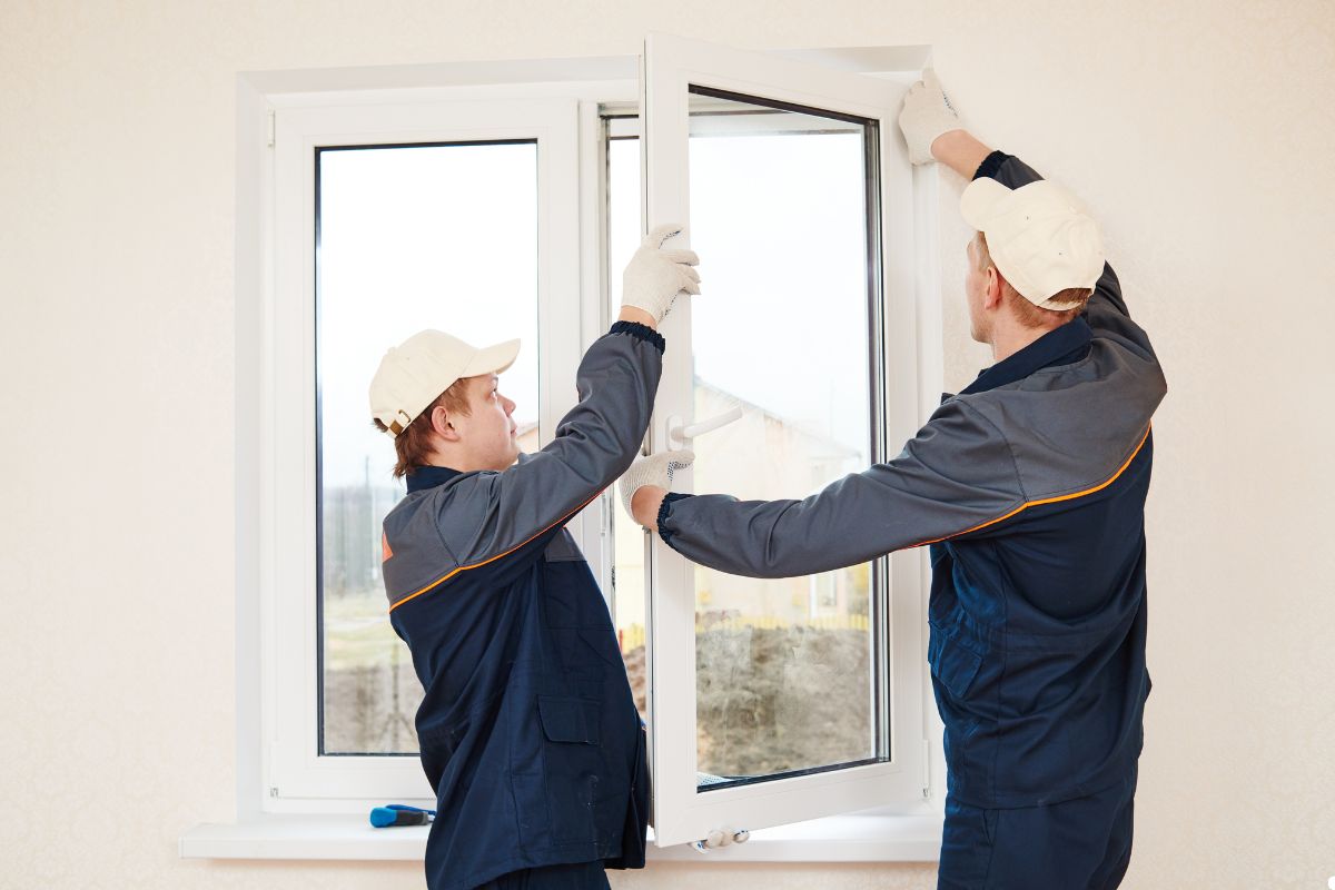 Two men in white shirts and hats are repairing a window, focused on their task with tools in hand.